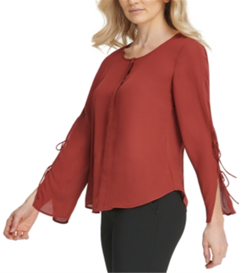 DKNY Women's Tie Sleeve Button Neck Top Brown Size 2XL