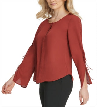 DKNY Women's Tie Sleeve Button Neck Top Brown Size 2XL