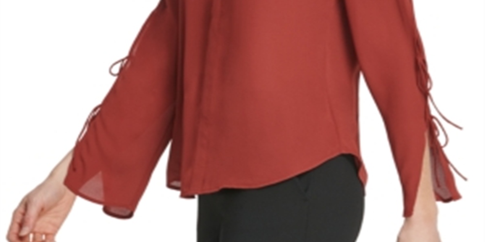 DKNY Women's Tie Sleeve Button Neck Top Brown Size 2XL