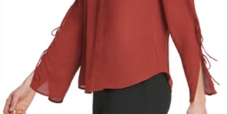 DKNY Women's Tie Sleeve Button Neck Top Brown Size 2XL