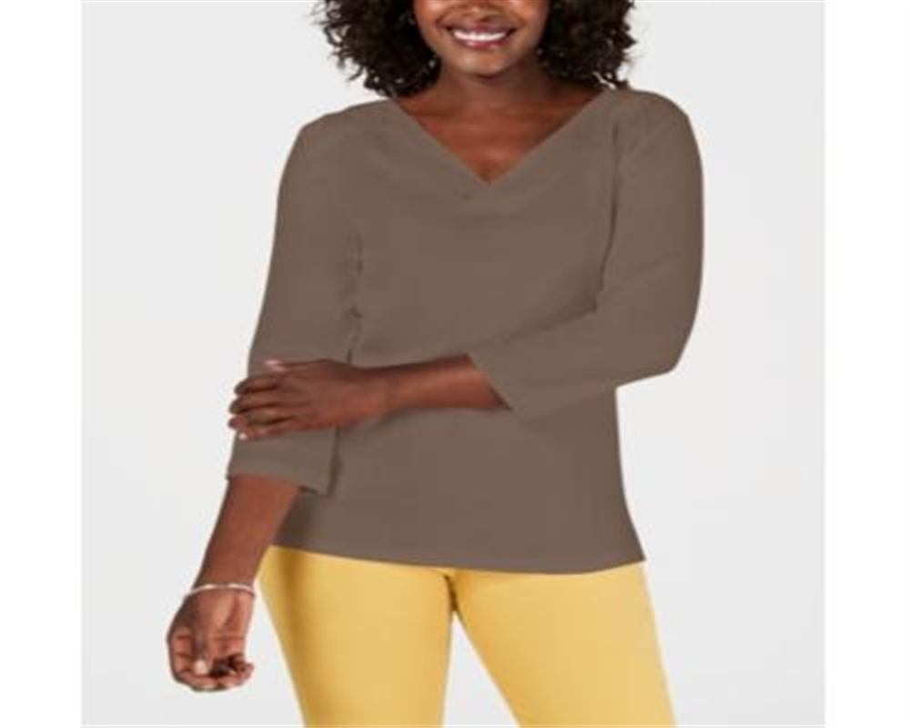 Karen Scott Women's Eyelet V Neck Cotton Top Brown Size Petite Small