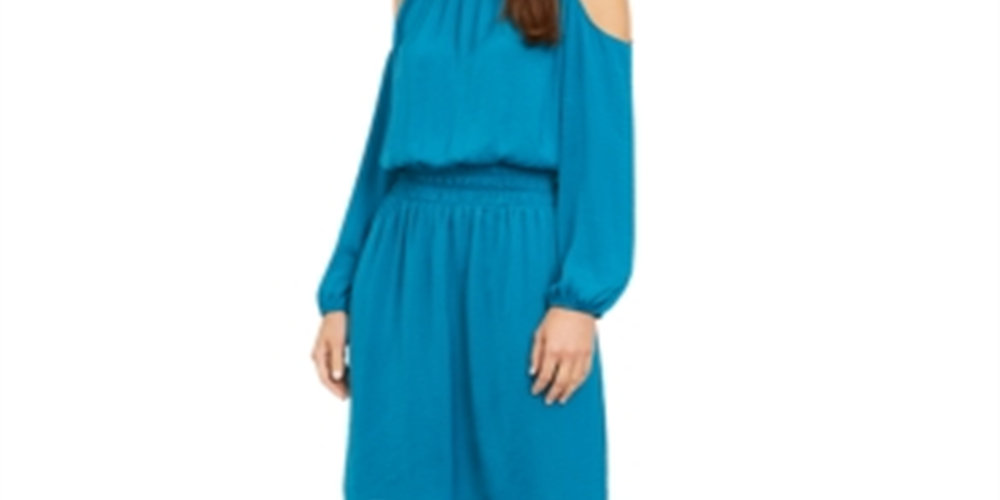 Alfani Women's Smocked Cold Shoulder Dress Blue Size Medium