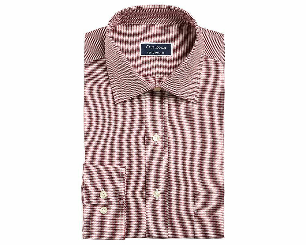 Club Room Men's Regular Classic Fit Stretch Twill Puppytooth Dress Shirt Red Size 15X32-33