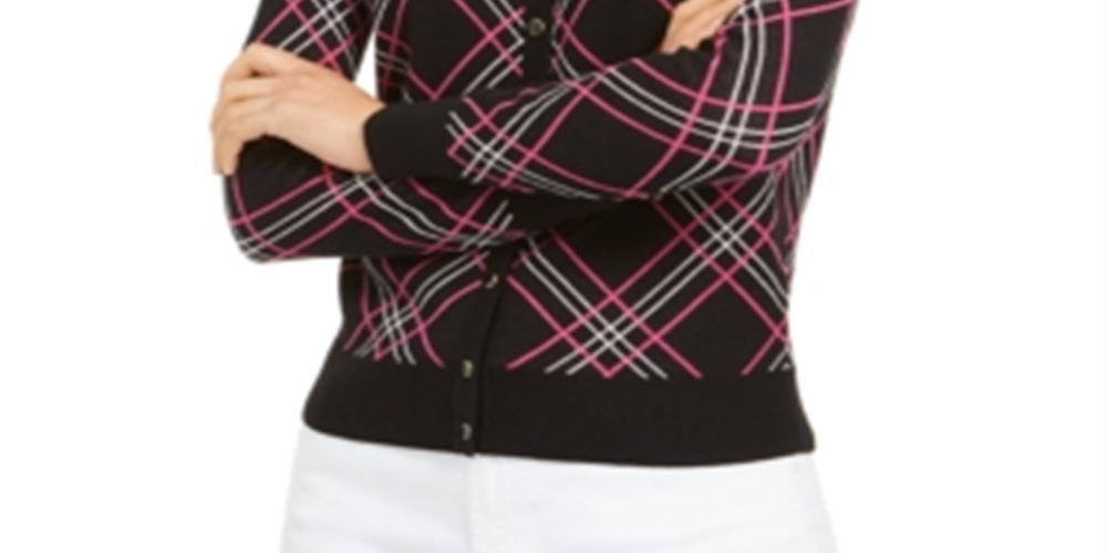 Charter Club Women's Plaid Cardigan Sweater Black Size Small