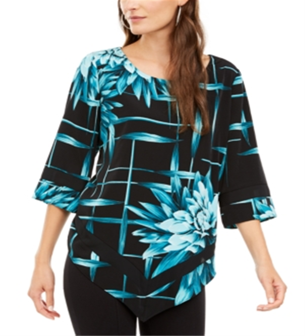 Alfani Women's Printed V Hem Top Blue Size X-Large