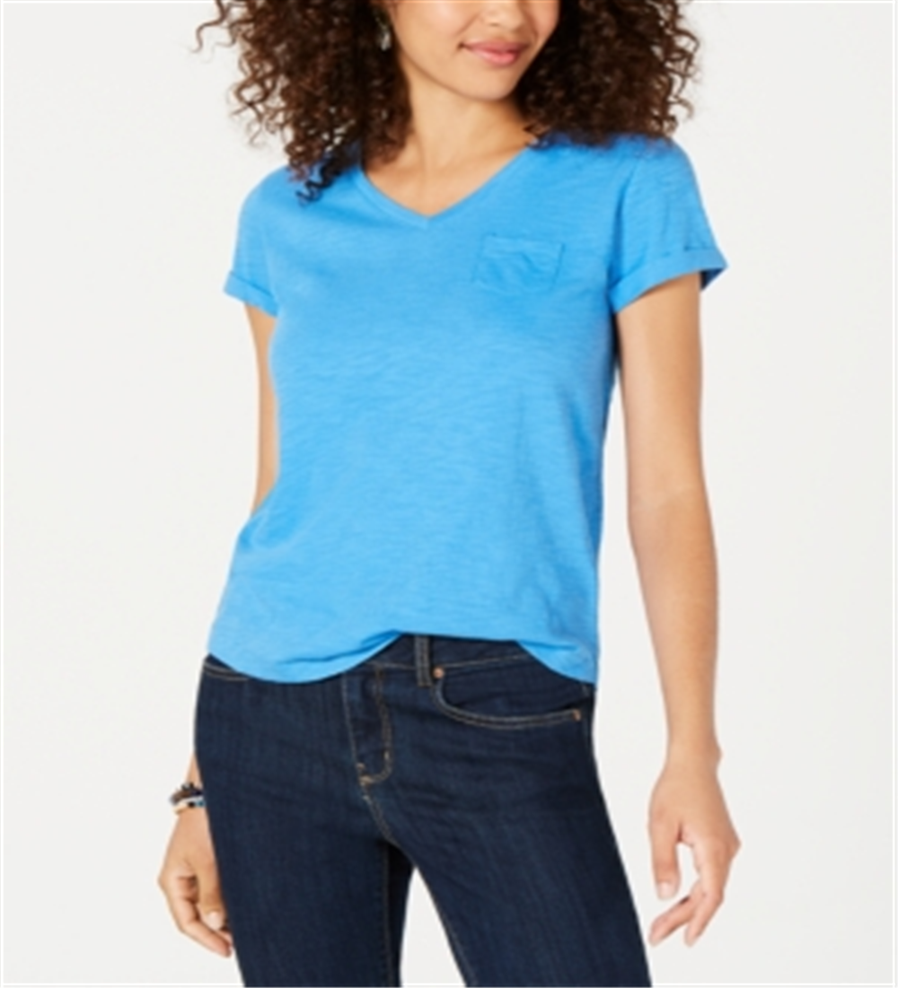 Style & Co.Women's V Neck Pocket T-Shirt Blue Size Petite L