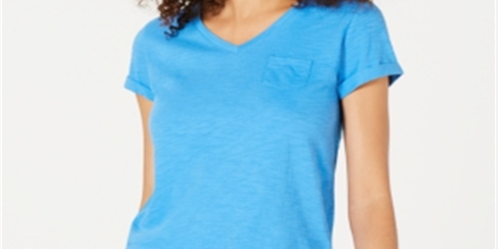 Style & Co.Women's V Neck Pocket T-Shirt Blue Size Petite L
