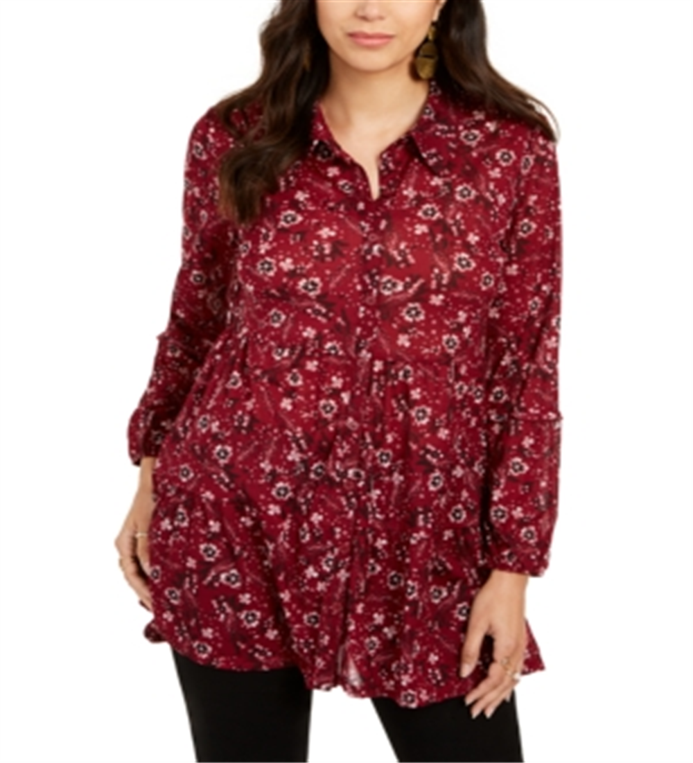 Style & Co.Women's Floral Print Tiered Shirt Wine Size Petite S