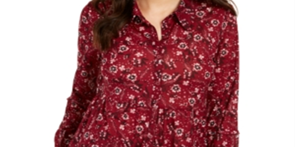 Style & Co.Women's Floral Print Tiered Shirt Wine Size Petite S