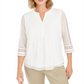 Charter Club Women's Sheer Sleeve Pintuck Top White Size Petite L