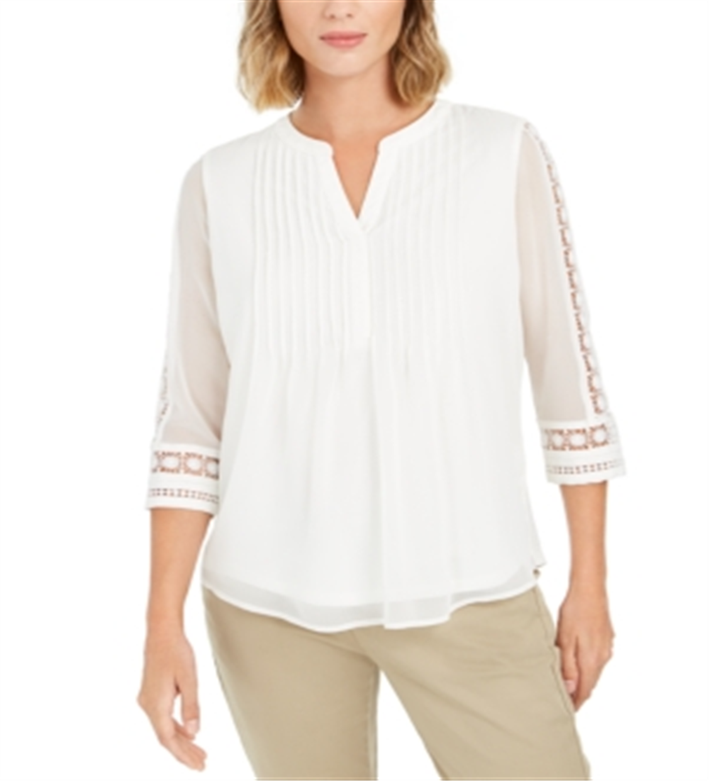 Charter Club Women's Sheer Sleeve Pintuck Top White Size Petite L