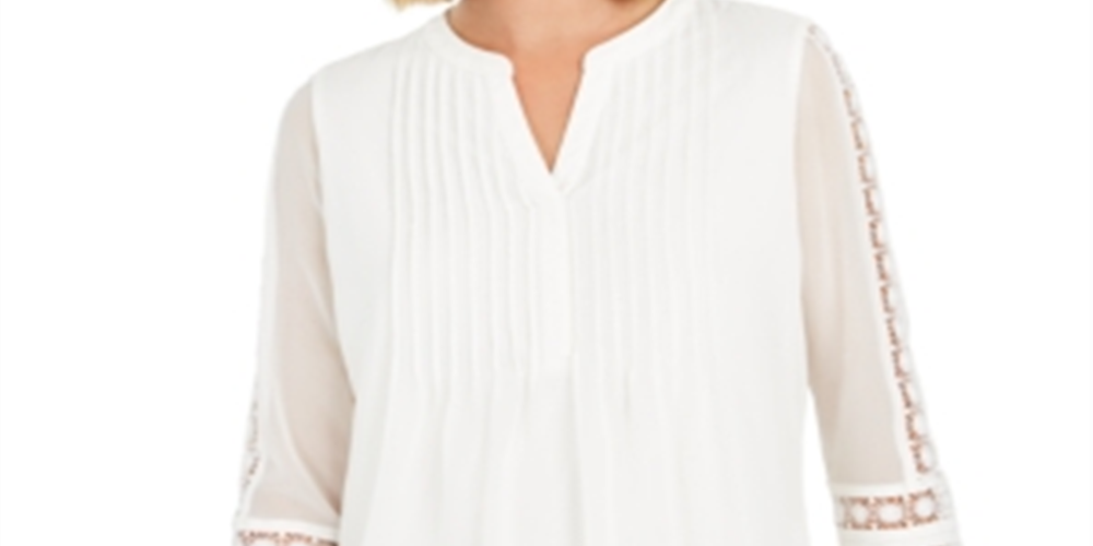 Charter Club Women's Sheer Sleeve Pintuck Top White Size Petite L