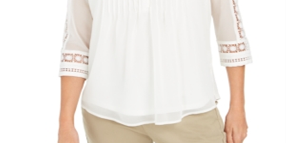 Charter Club Women's Sheer Sleeve Pintuck Top White Size Petite L