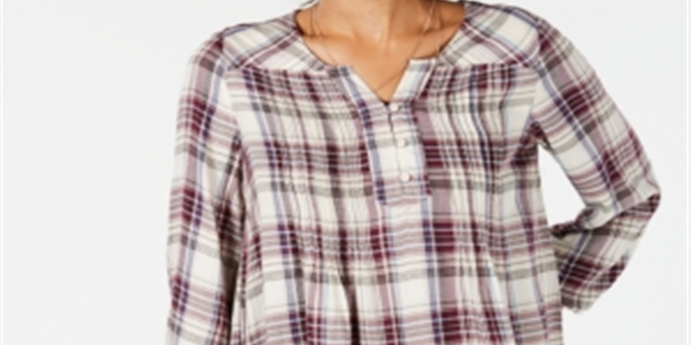 Style & Co.Women's Plaid Split Neck Top Purple Size Medium