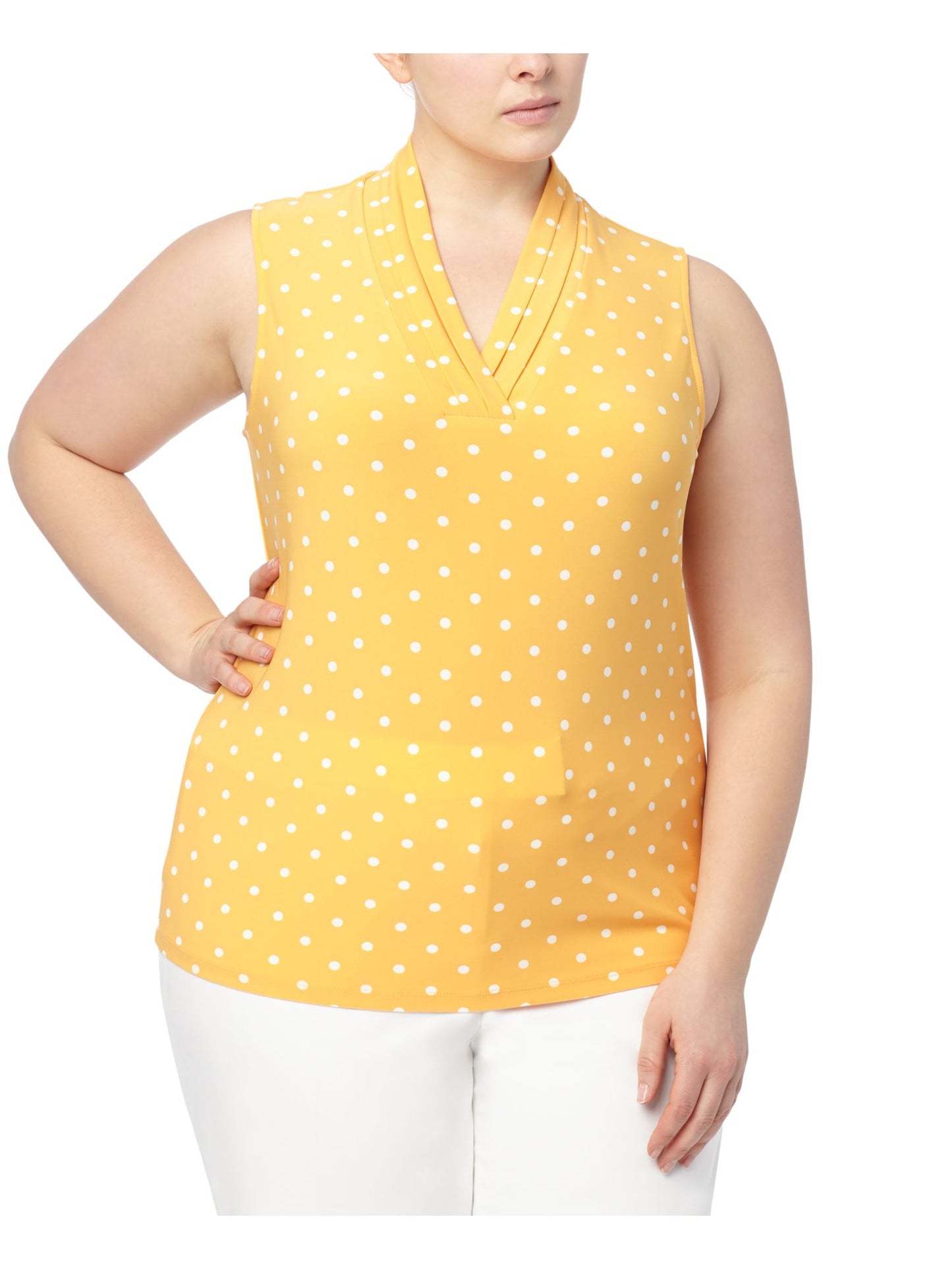 Anne Klein Women's Pleated Polka Dot Sleeveless V Neck Top Yellow Size Large