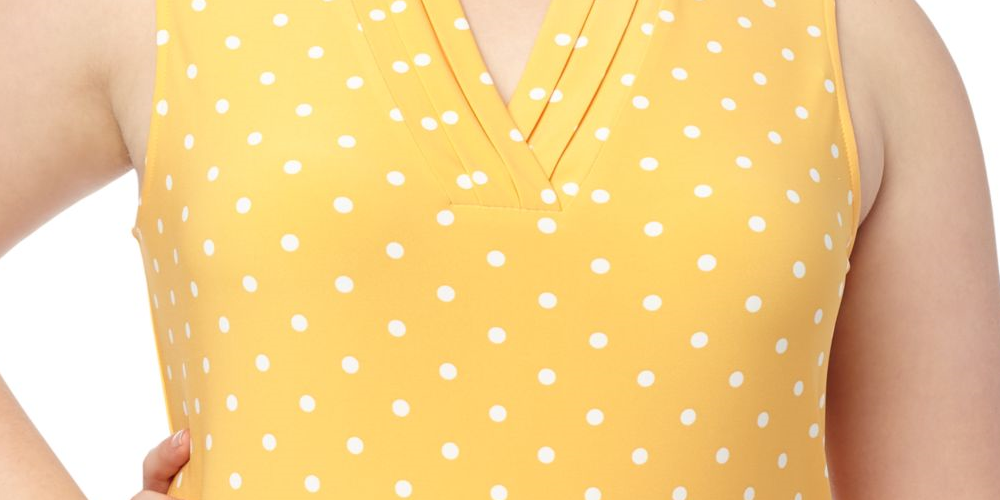 Anne Klein Women's Pleated Polka Dot Sleeveless V Neck Top Yellow Size Large