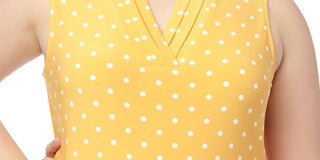Anne Klein Women's Pleated Polka Dot Sleeveless V Neck Top Yellow Size Large