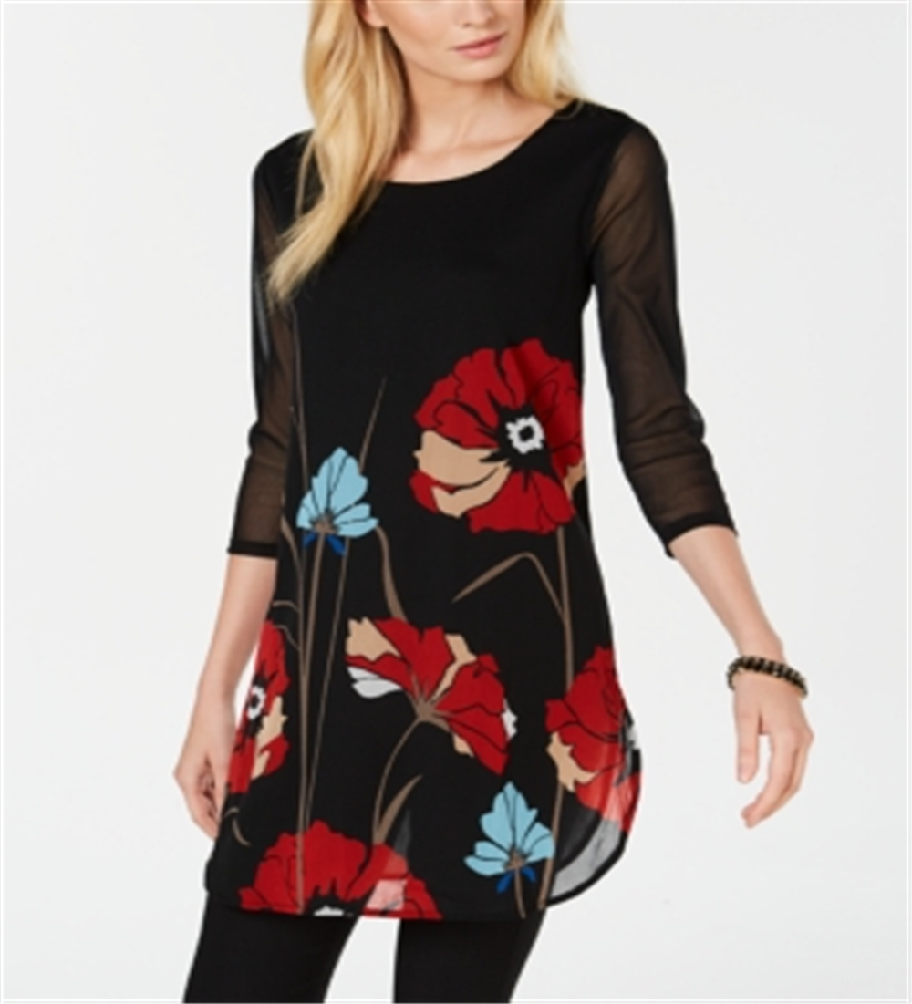 Alfani Women's Printed Mesh Tunic Black Size Petite XL