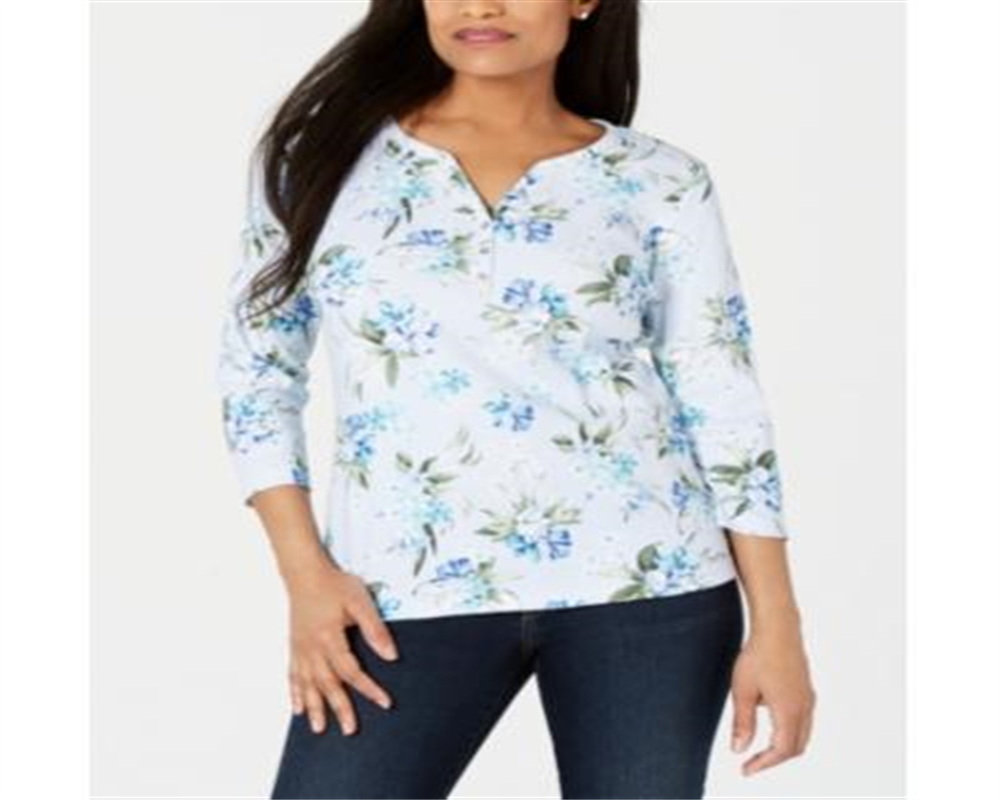 Karen Scott Women's Havana Falls Floral Print Henley Top Blue Size Small