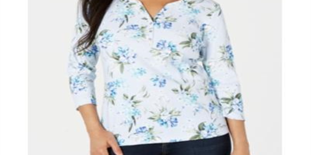 Karen Scott Women's Havana Falls Floral Print Henley Top Blue Size Small