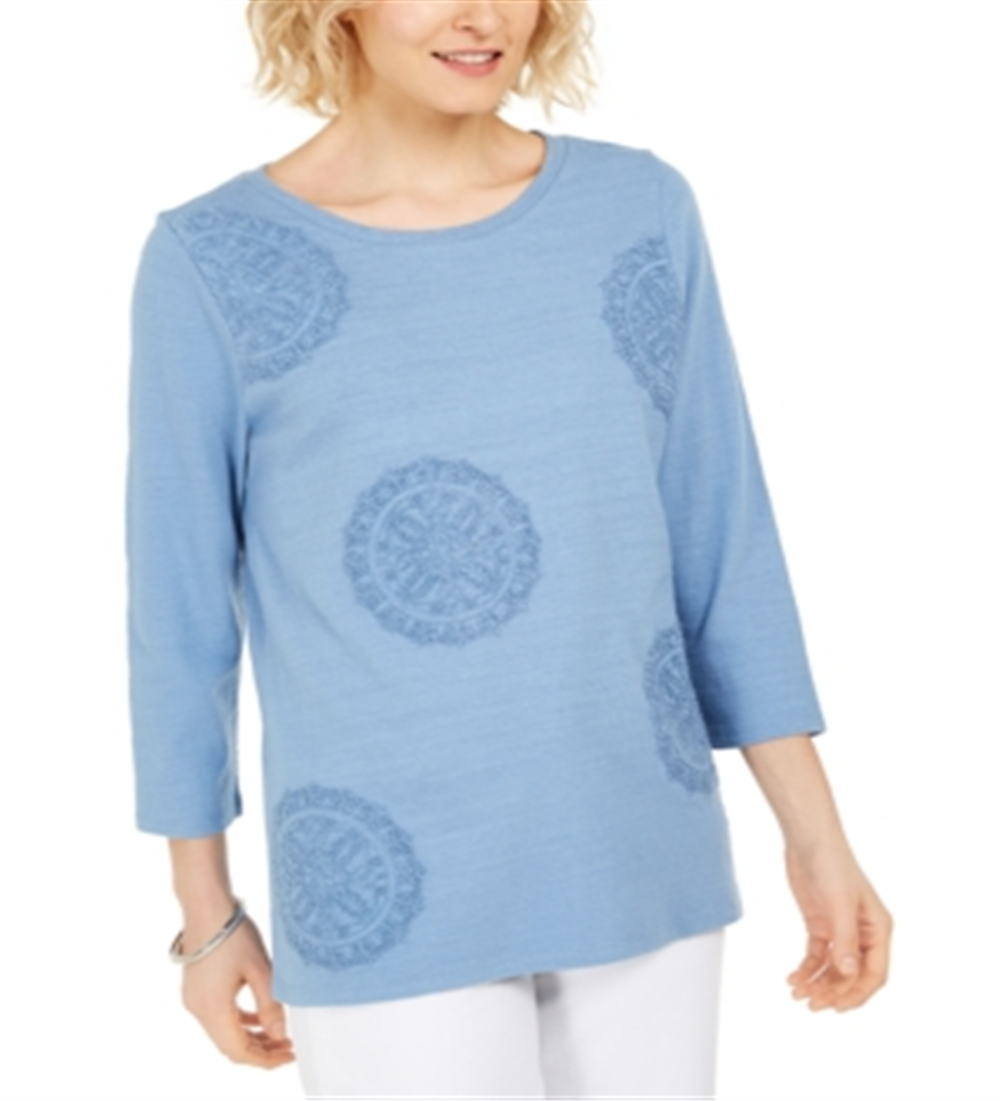 Charter Club Women's 3/4 Sleeve Printed Top Blue Size Medium