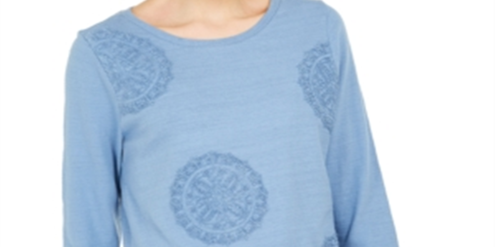 Charter Club Women's 3/4 Sleeve Printed Top Blue Size Medium
