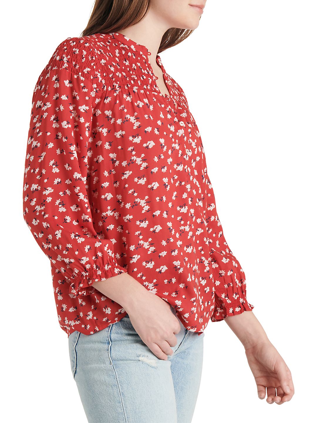 Lucky Brand Women's Floral Smocked Blouse Red Size Small