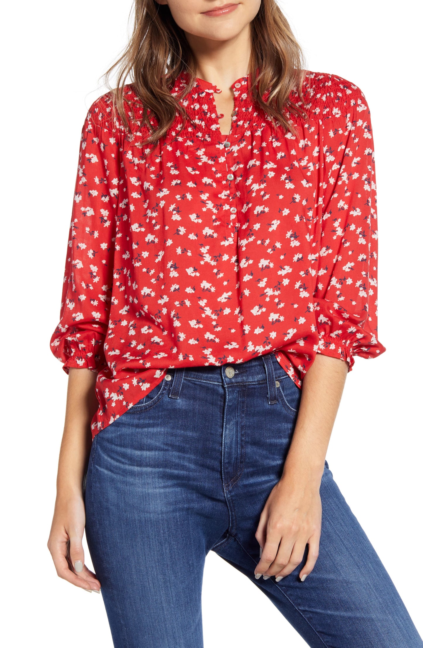 Lucky Brand Women's Floral Smocked Blouse Red Size Small