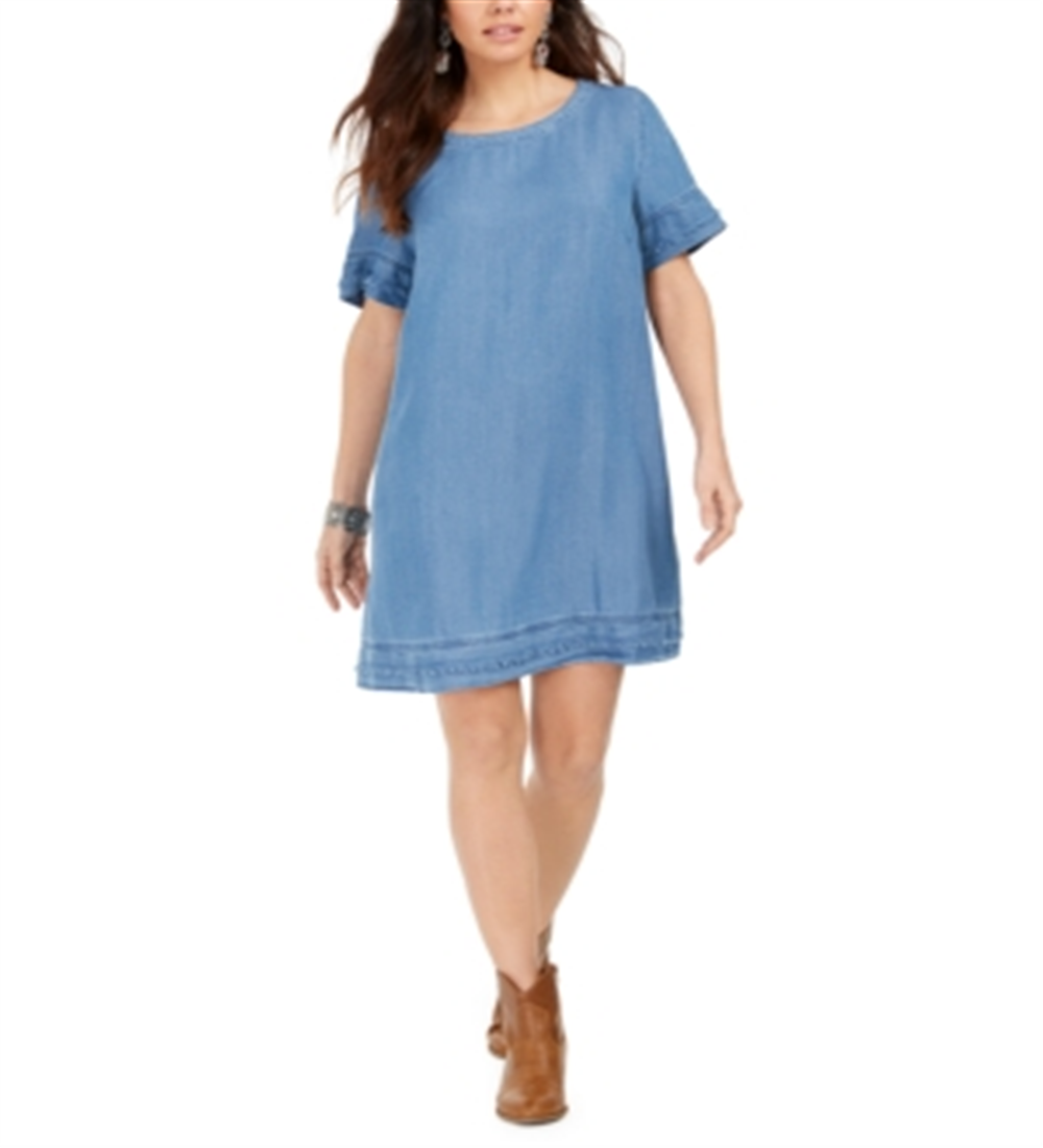 Style & Co.Women's Fringed Denim T-Shirt Dress Blue Size Small