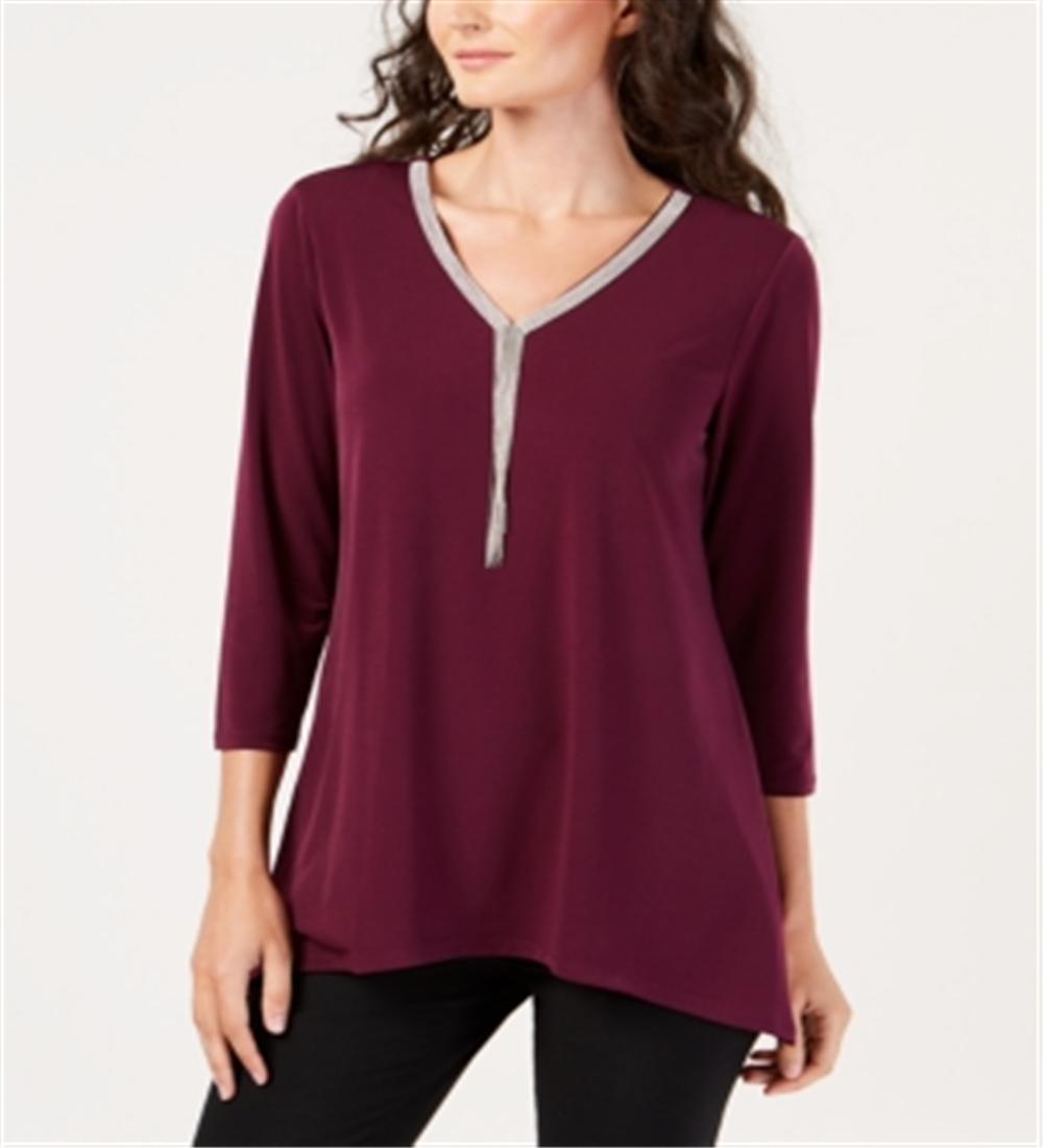 JM Collection Women's Beaded V Neck Tunic  Burgundy Size S