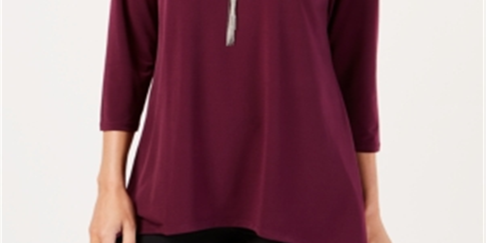 JM Collection Women's Beaded V Neck Tunic  Burgundy Size S