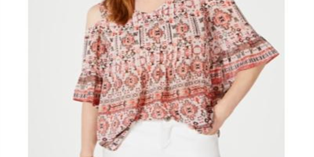 Style & Co.Women's Printed Cold Shoulder Top Pink Size Petite Small
