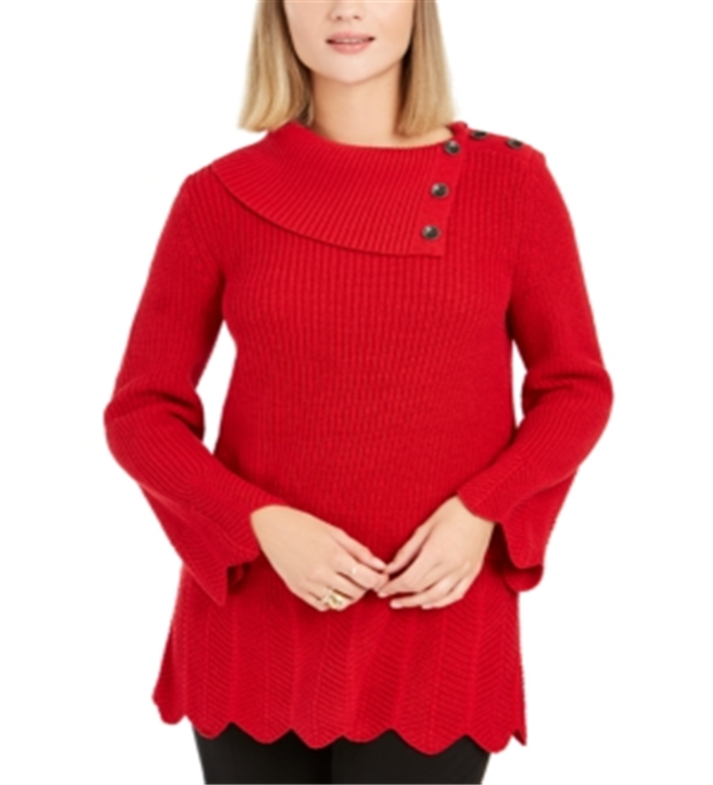 Style & Co.Women's Envelope Neck Scalloped Edge Sweater Dark Kale Size Petite S