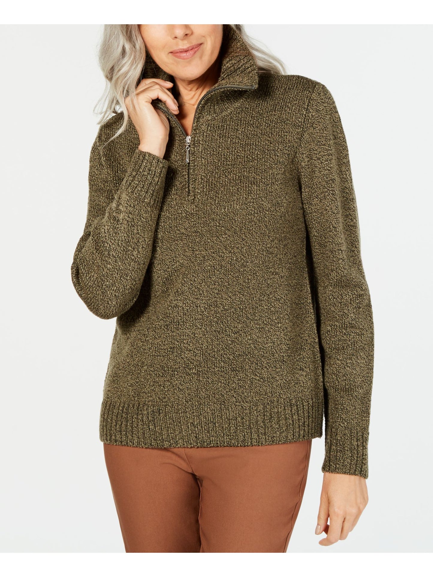 Karen ScottWomen's Wing Collar Zip Neck Sweater Green Size X-Small