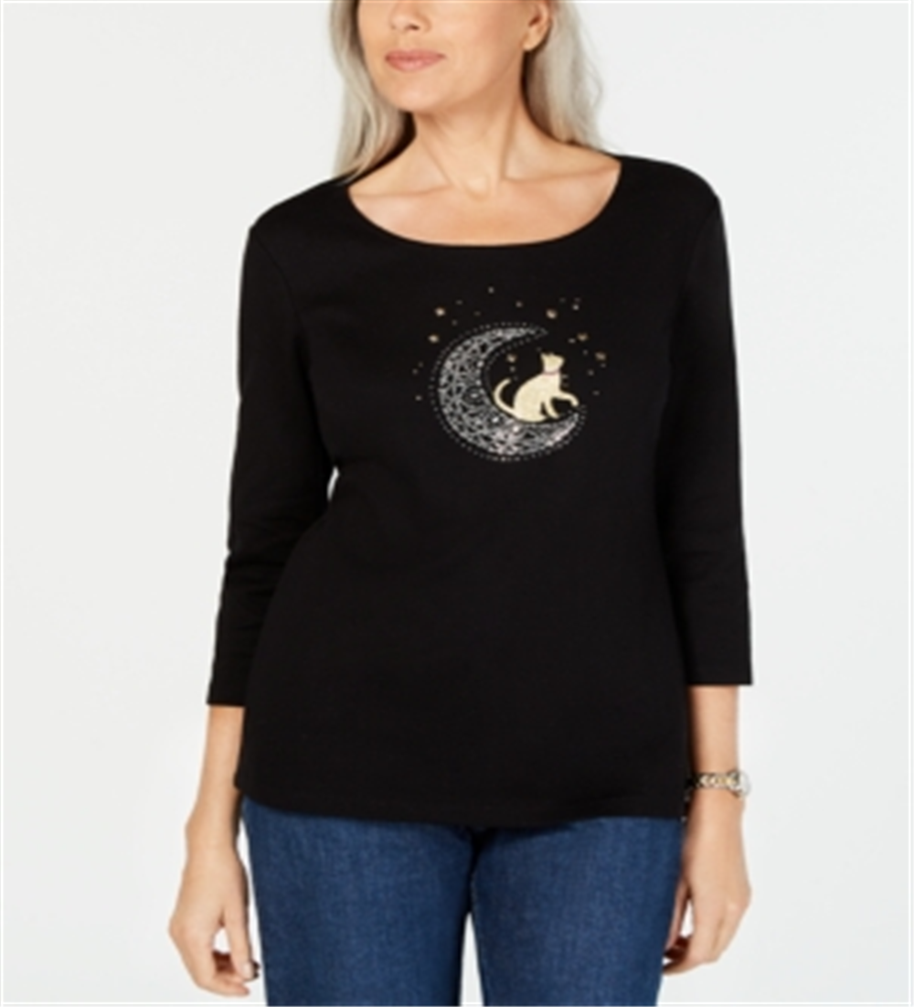 Karen Scott Women's 3/4 Sleeve Embellished Cotton Top Black Size X-Small