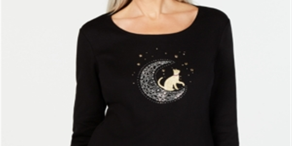 Karen Scott Women's 3/4 Sleeve Embellished Cotton Top Black Size X-Small