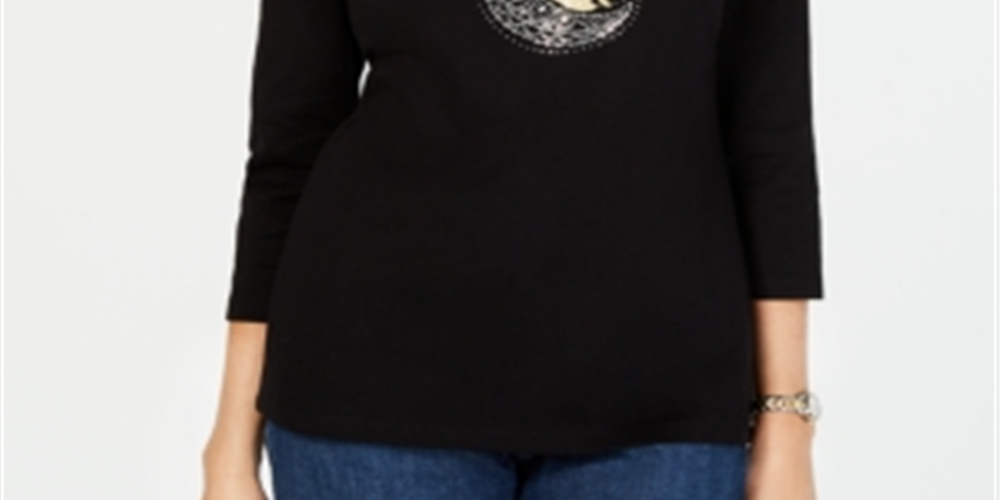 Karen Scott Women's 3/4 Sleeve Embellished Cotton Top Black Size X-Small