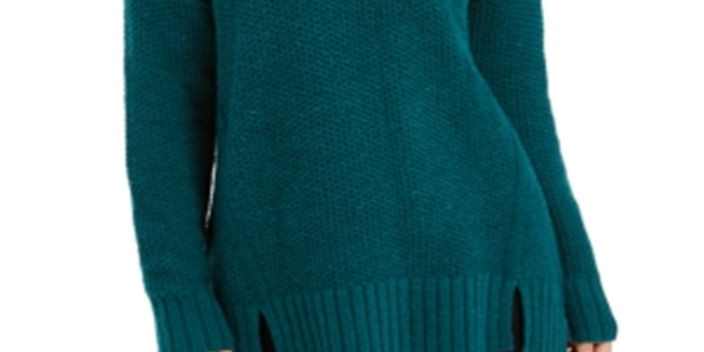 Style & Co Women's Cowl Neck Vented Hem Sweater Green Size Petite