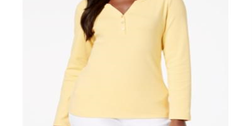 Karen Scott Women's Cotton Henley Top  Yellow Size X-Small