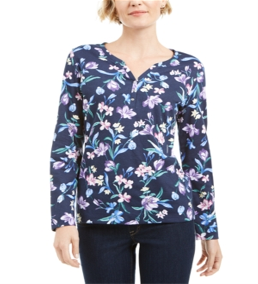 Karen Scott Women's Floral Print Henley Top Blue Size X-Small