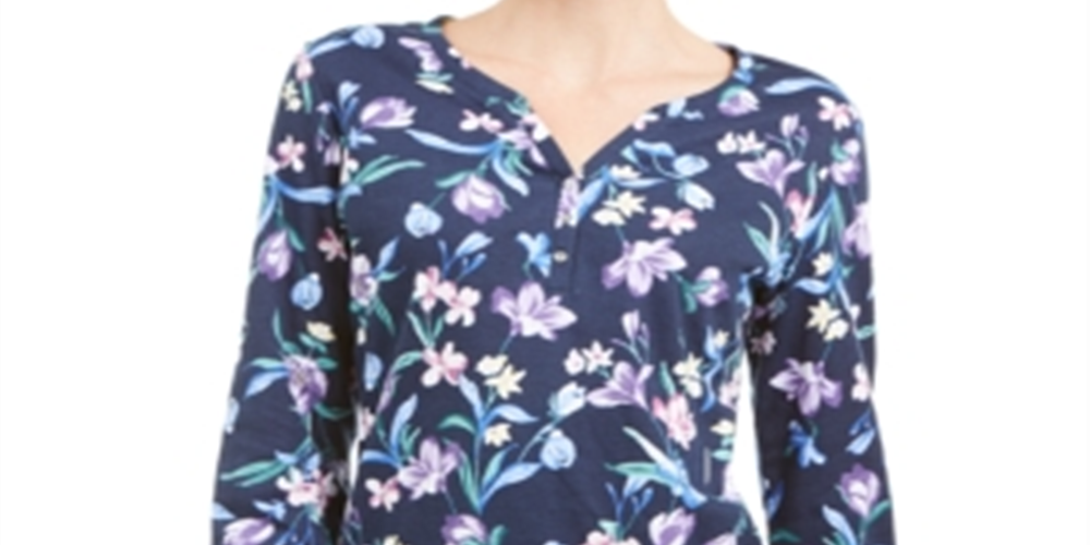 Karen Scott Women's Floral Print Henley Top Blue Size X-Small
