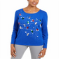 Karen Scott Women's Embellished Cotton Top Blue Size X-Small