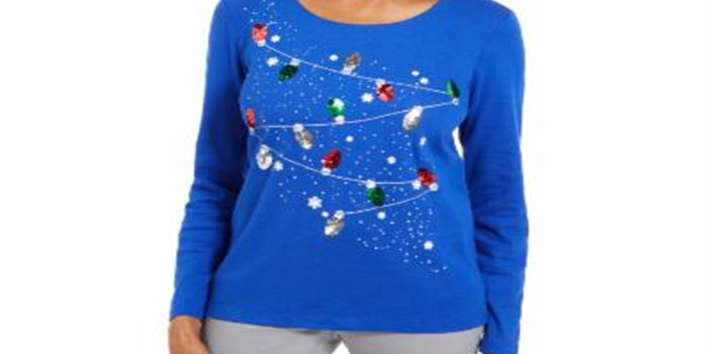 Karen Scott Women's Embellished Cotton Top Blue Size X-Small