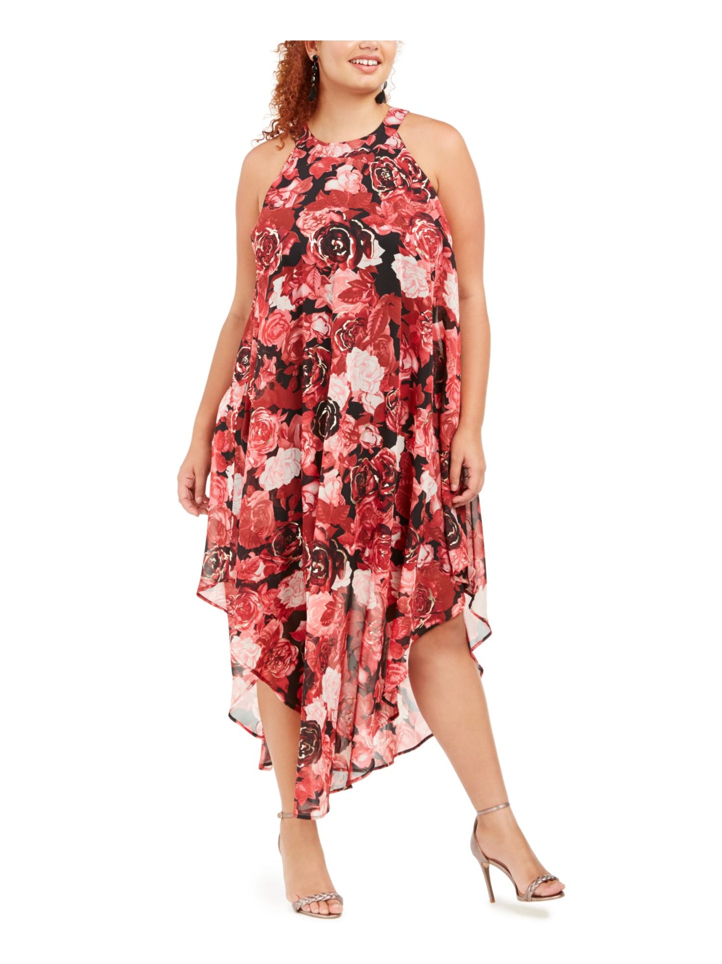 Love Squared Women's Floral Sleeveless Halter MIDI Dress Red Size 3X
