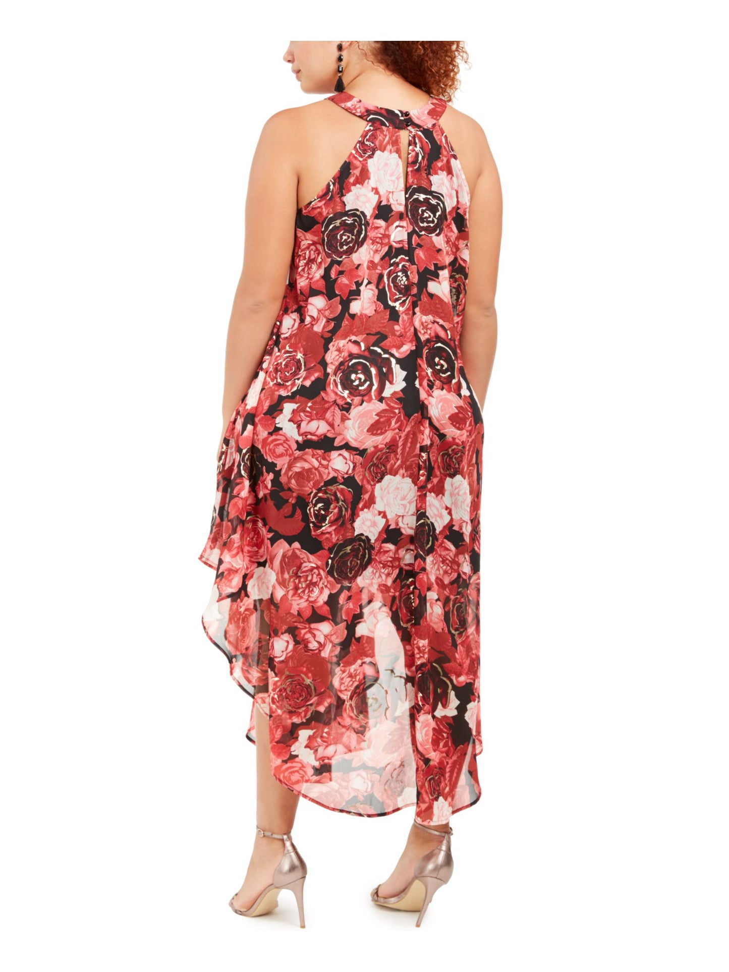 Love Squared Women's Floral Sleeveless Halter MIDI Dress Red Size 3X