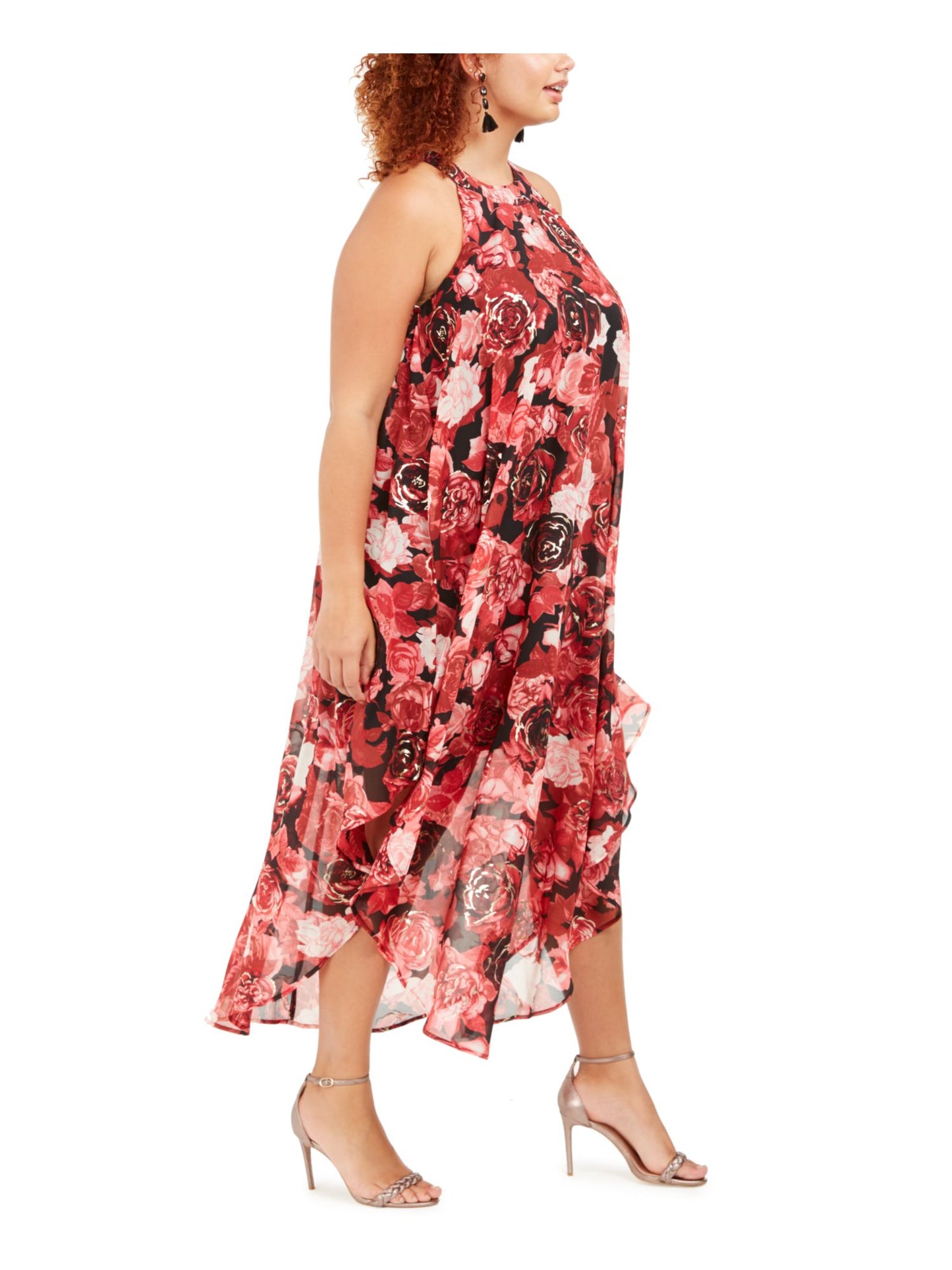 Love Squared Women's Floral Sleeveless Halter MIDI Dress Red Size 3X