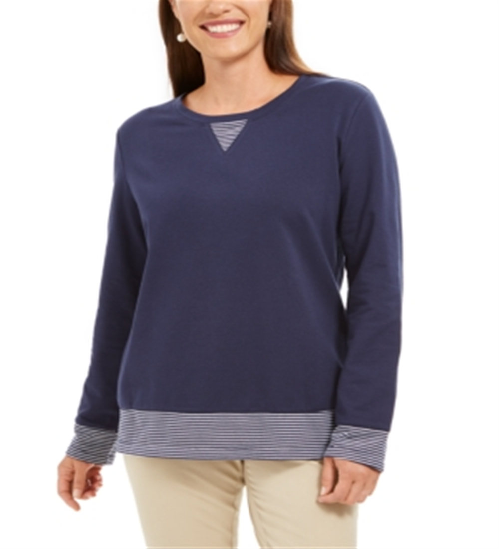 Karen Scott Women's Striped Trim Top Blue Size Petite