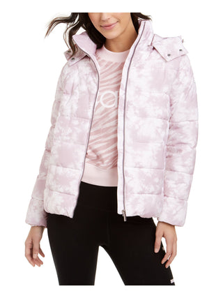 Calvin Klein Women's Zippered Printed Puffer Jacket White-LiLac Size Medium