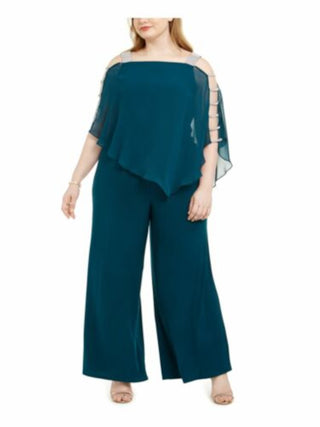 MSK Women's Teal Embellished Cold Shoulder 3/4 Sleeve Square Neck Wide Leg Cocktail Jumpsuit Green Size 2X