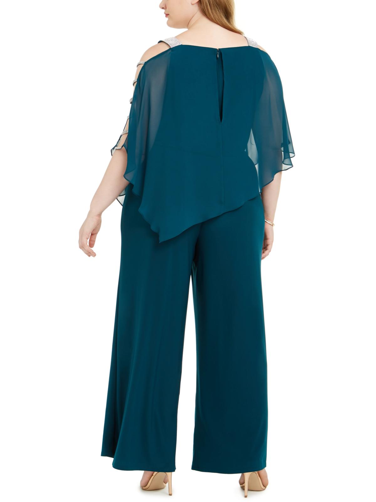 MSK Women's Teal Embellished Cold Shoulder 3/4 Sleeve Square Neck Wide Leg Cocktail Jumpsuit Green Size 2X